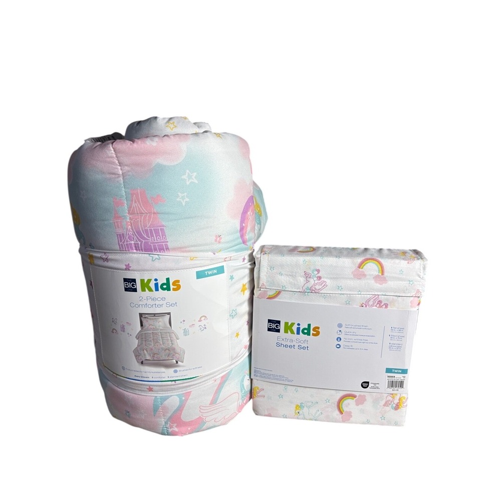 Big One Kids Girl Twin 2 Pc Unicorn Rainbow Comforter & Twin Sheet Set GIFT NEW